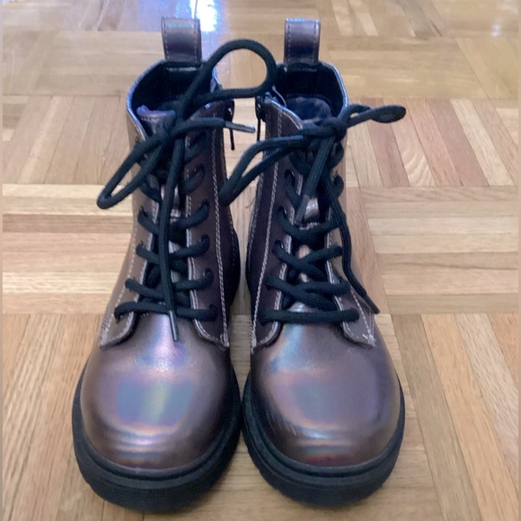Girls Size 1 - Combat Boots - Side Zip-Up & Lace Up - Metallic - Picture 2 of 8